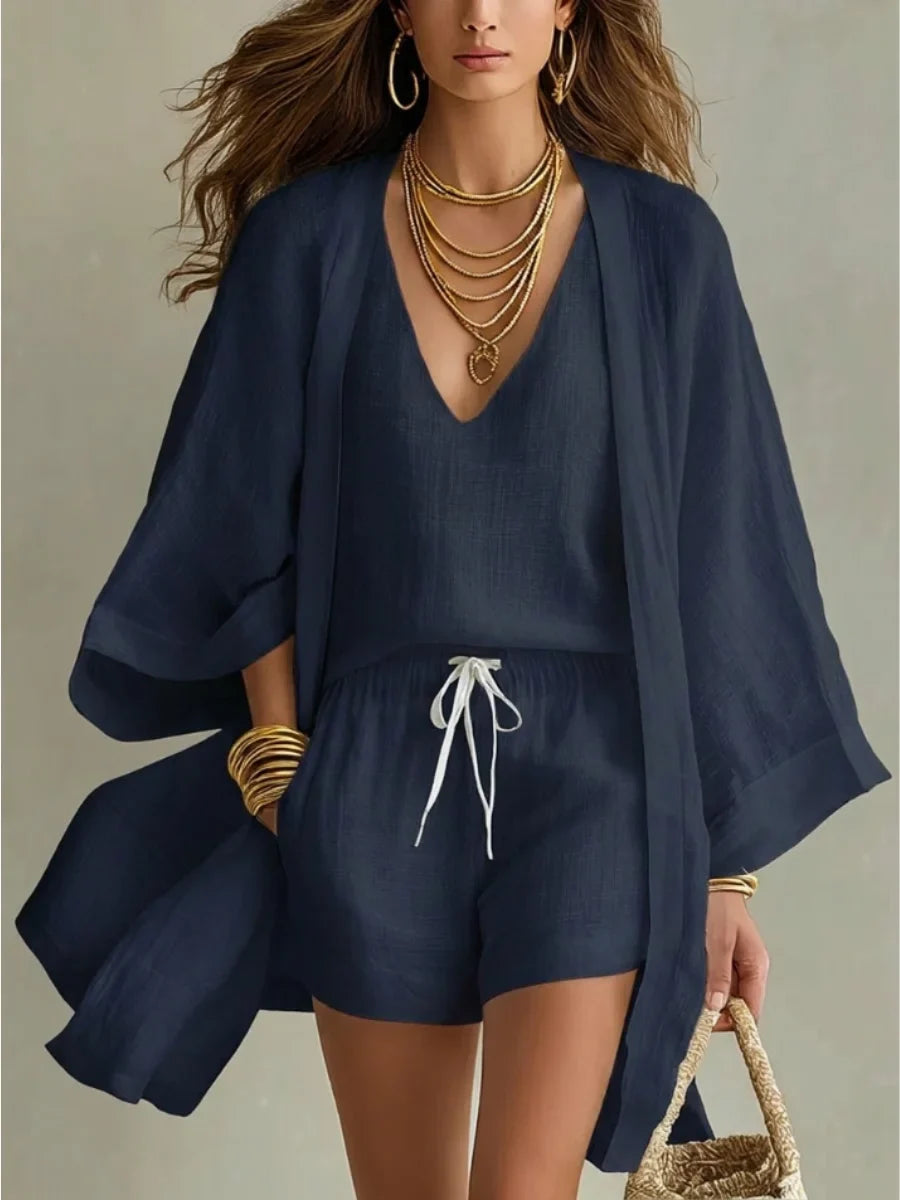 Carla | Three-Piece Set: Loose Cardigan and Drawstring Shorts