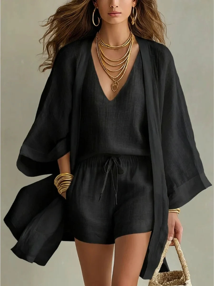 Carla | Three-Piece Set: Loose Cardigan and Drawstring Shorts