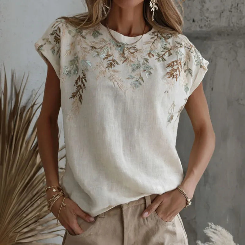 Camiseta de mezcla de lino con estampado floral rama artístico retro para mujer