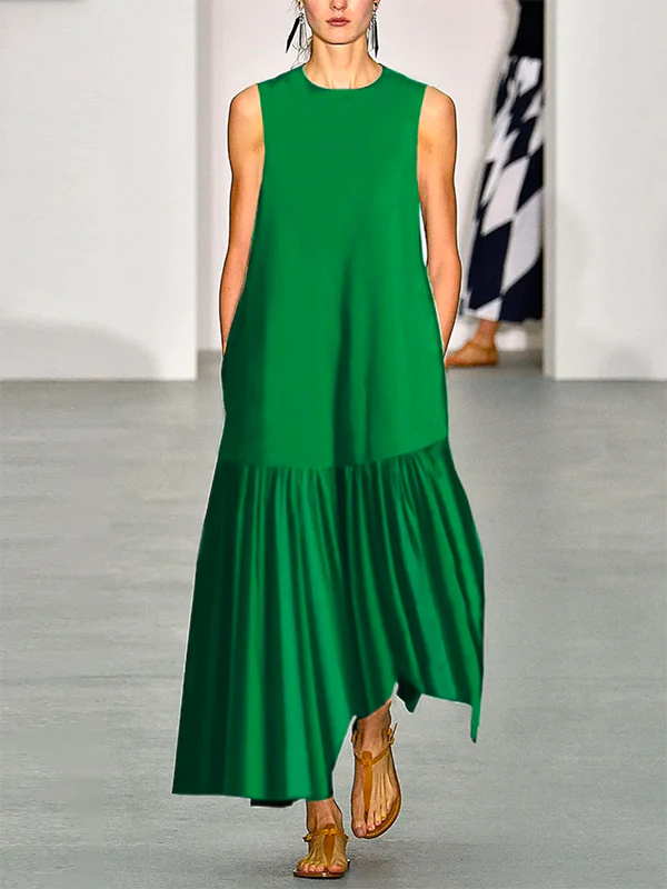 VESTIDO MAXI SOLTO EM A, COM DECOTE REDONDO E COR SÓLIDA