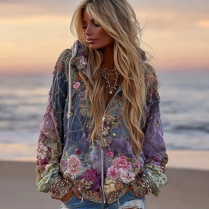 Sudadera Con Capucha Y Cremallera Boho Geométrica Floral Con Degradado Para Mujer
