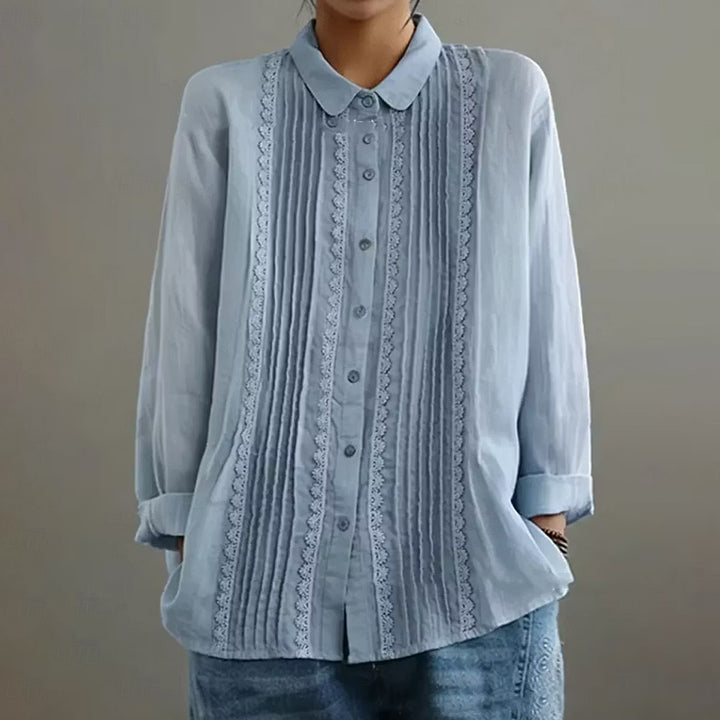 BLUSA FEMENINA CASUAL CON BOTONES EN LINO MIXTO Y DETALLES DE ENCAJE