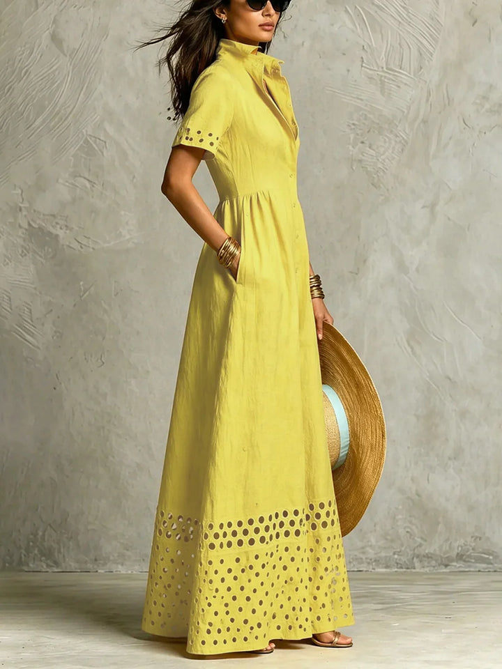 Vestido Maxi Holgado De Manga Corta Con Abertura Frontal, Bolsillos, Calado Y Botones