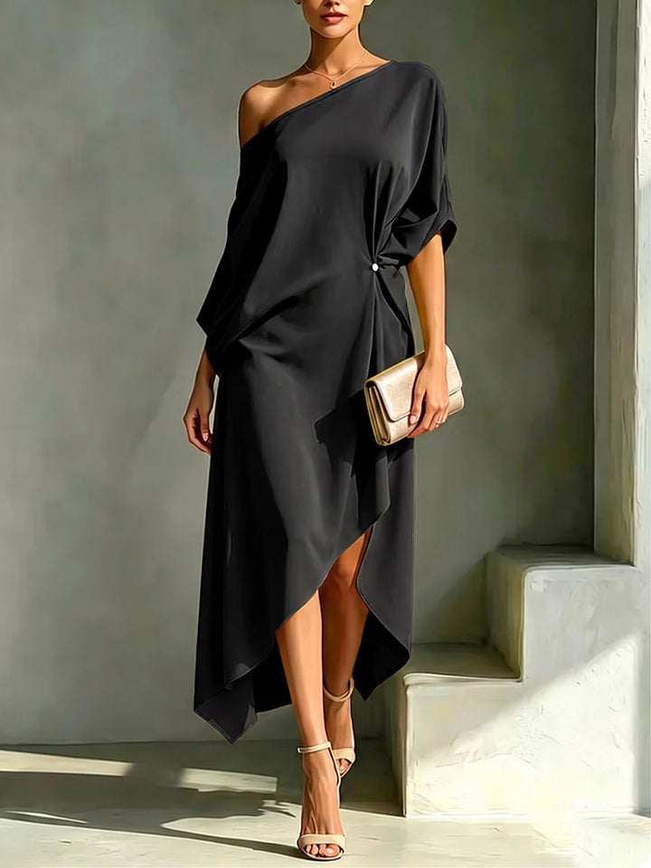 Vestido Maxi Asimétrico De Un Hombro Con Espalda Abierta, Botones Y Modelado Suelto