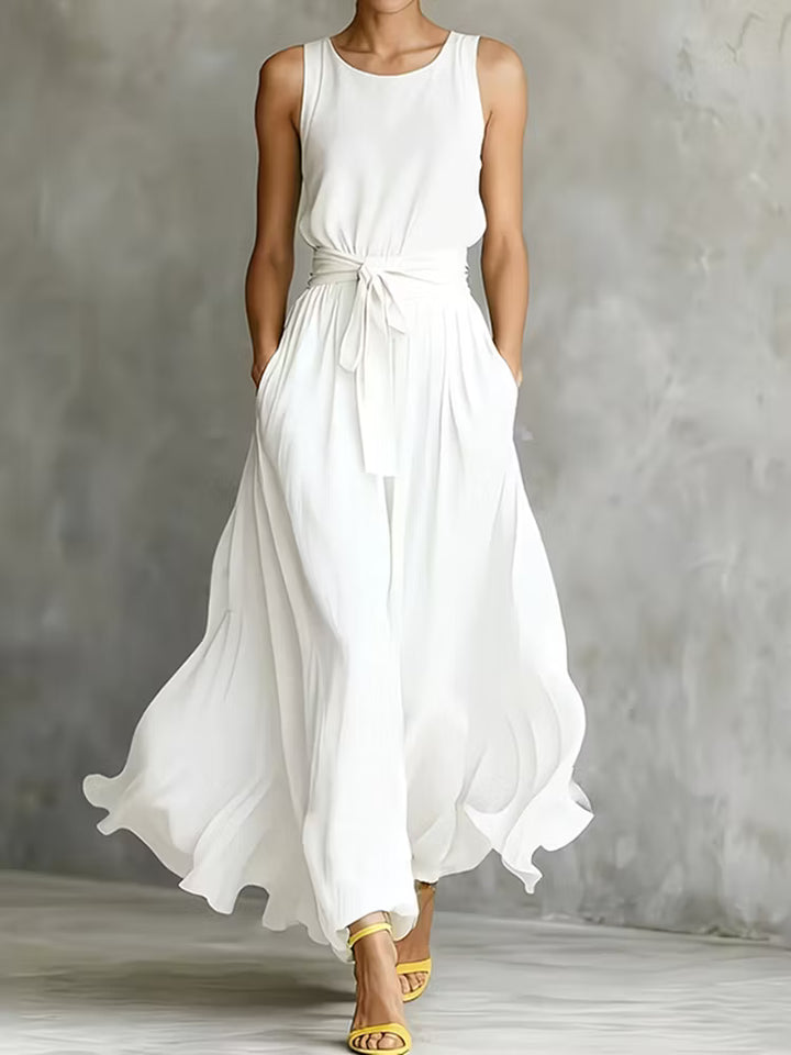 Vestido Maxi Elegante Sin Mangas Con Cuello Redondo Color Sólido Y Cintura Ajustada Con Cordones