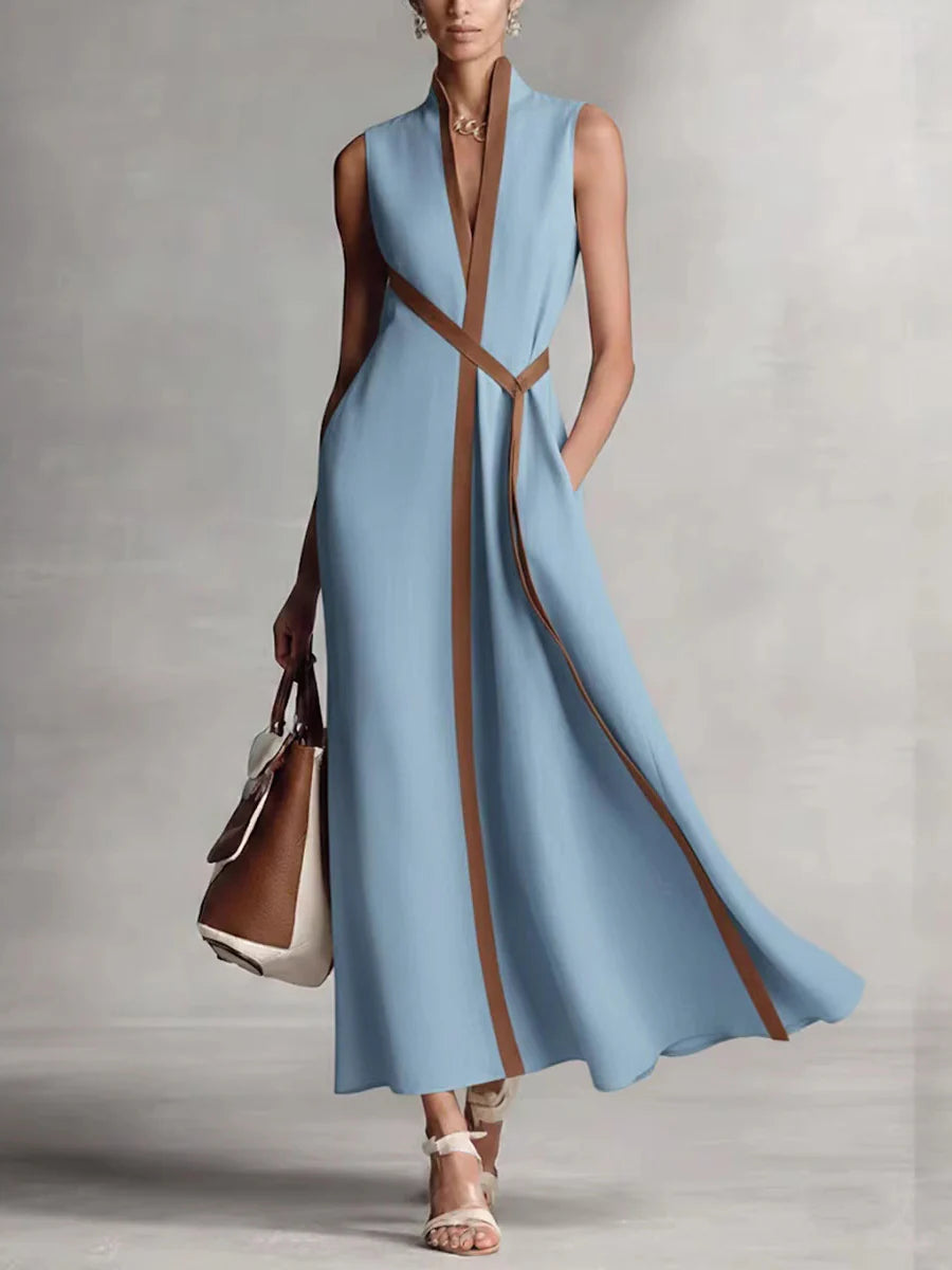 Vestido maxi suelto sin mangas cuello redondo bolsillos color contrastante
