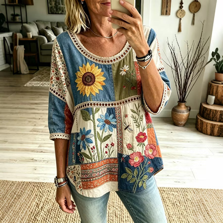 Camiseta casual con estampado floral bohémio