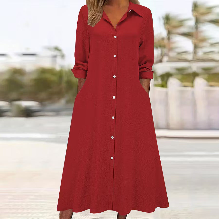 Vestido camisa femenino retro de color sólido con cuello, mangas largas y bolsillos