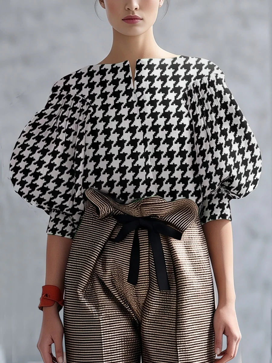 Blusa Suelta Con Estampado Pied-de-poule Y Mangas Abullonadas En Colores Contrastantes
