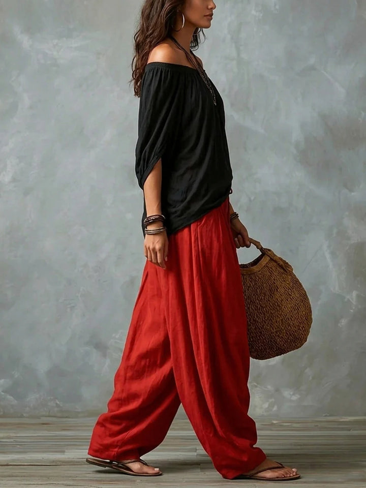 Conjunto Dos Piezas Blusa Plisada Hombros Descubiertos Y Pantalón Cintura Alta
