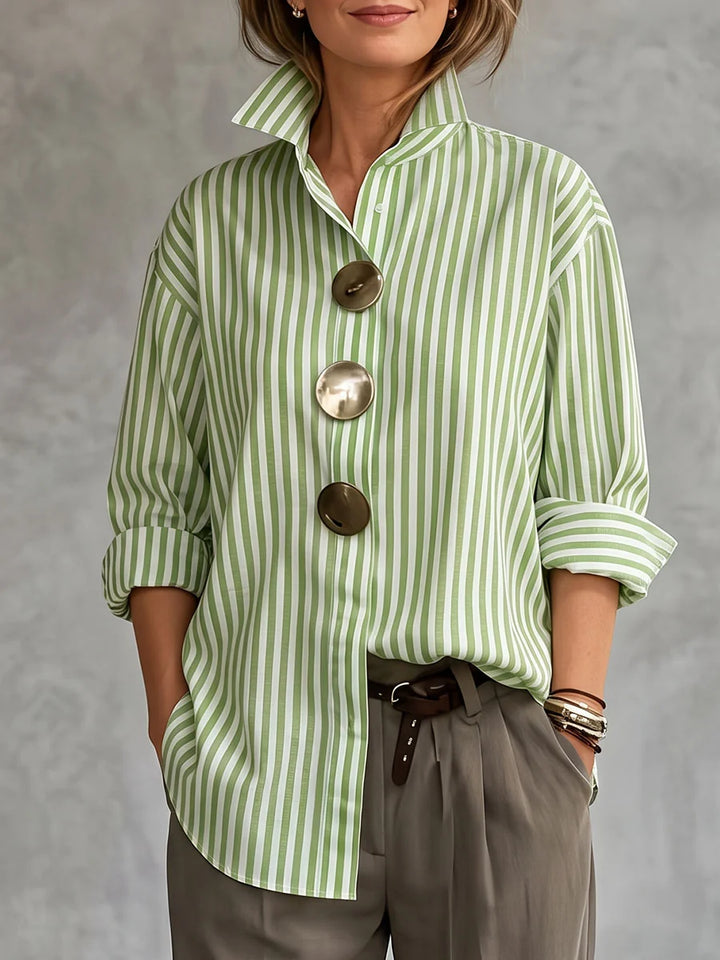 Blusa Camisa Manga Comprida Solta Gola Alta Com Botões Contrastantes