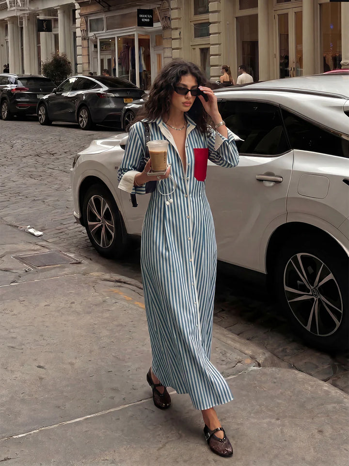 VESTIDO MIDI CAMISEIRO ÀS RISCAS COM BOLSOS, CINTURA ALTA E GOLA DE LAPELA