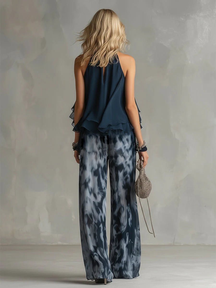 Luna | Conjunto Elegante De Gasa Com Top De Gola Alta E Calças Largas Estampadas