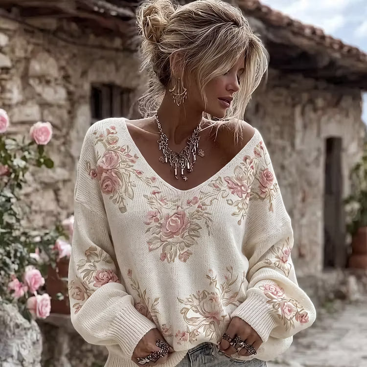 Suéter De Punto Con Cuello En V Y Estampado Floral De Rosas Vintage