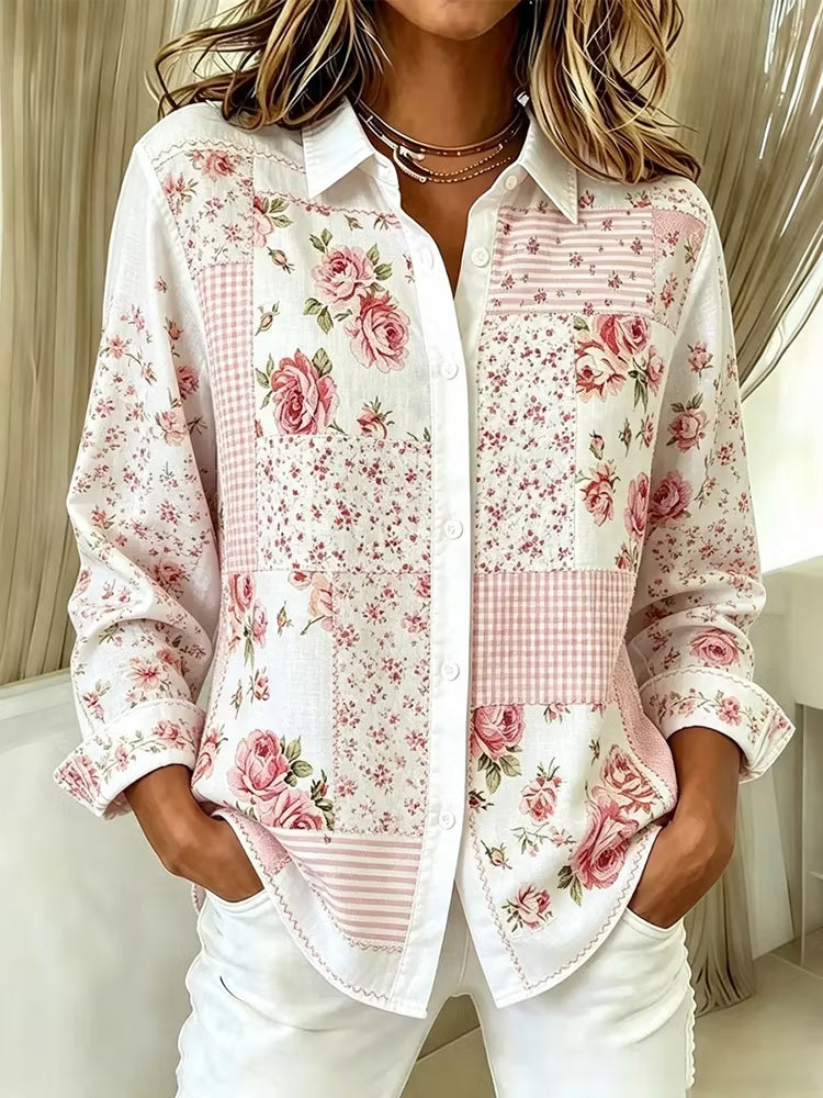 Camisa Retro Con Solapa - Estampado Patchwork Floral Art Rosa Botones Manga Larga