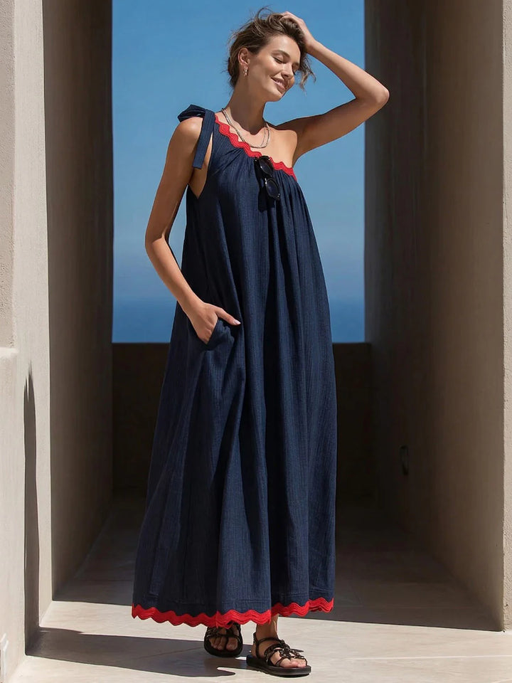Vestido Maxi Holgado Corte En A Con Un Hombro, Plisado, Bolsillos, Lazo Y Empalme