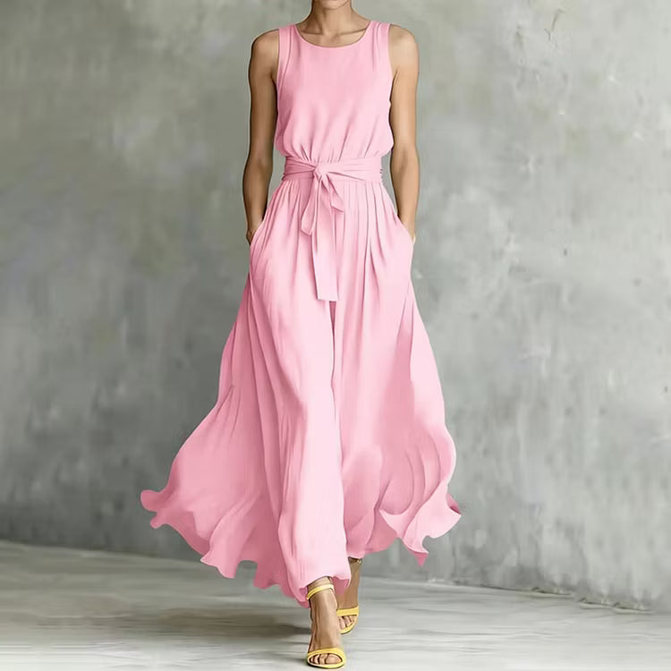Vestido Maxi Elegante Sin Mangas Con Cuello Redondo Color Sólido Y Cintura Ajustada Con Cordones