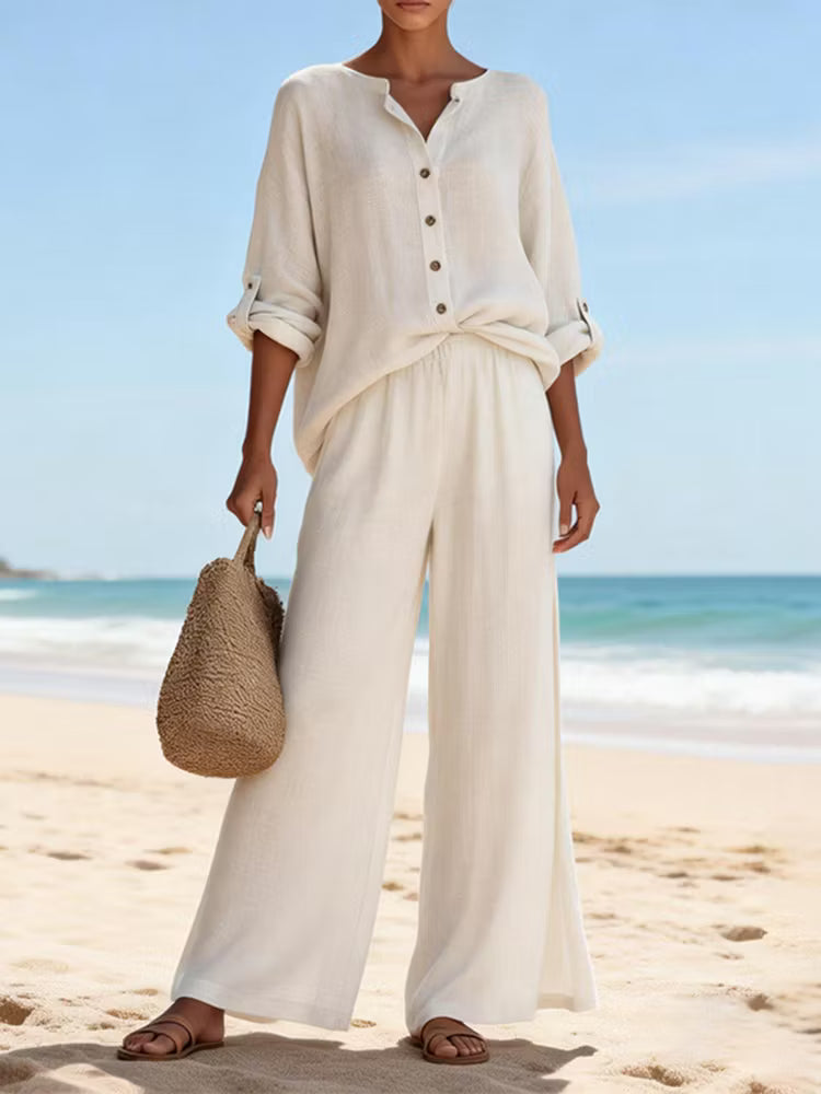 CONJUNTO FEMENINO VINTAGE DE DOS PIEZAS EN LINO: CAMISA Y PANTALÓN