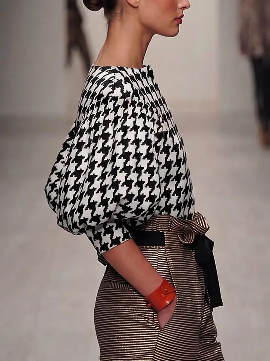 Blusa Suelta Con Estampado Pied-de-poule Y Mangas Abullonadas En Colores Contrastantes