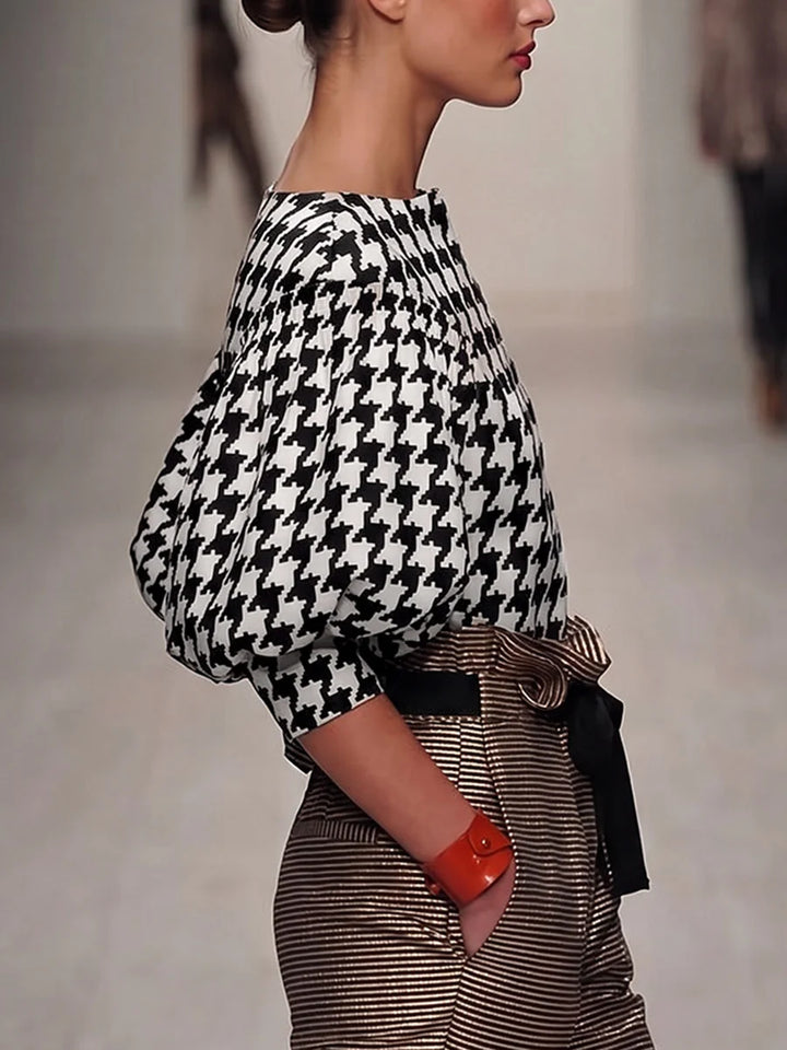 Blusa Suelta Con Estampado Pied-de-poule Y Mangas Abullonadas En Colores Contrastantes