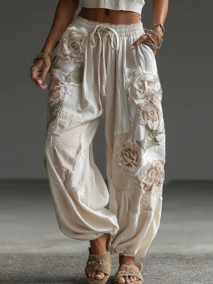 Pantalones Casuales De Lino Con Estampado Floral Retro Y Patchwork Para Mujer