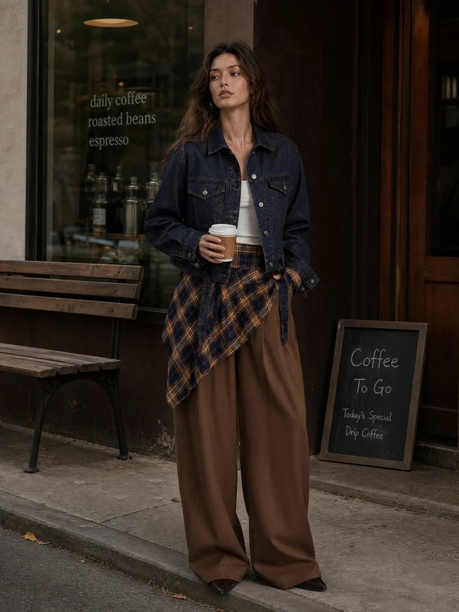 Pantalón De Pierna Ancha Con Estampado A Cuadros, Cintura Alta Y Bolsillos