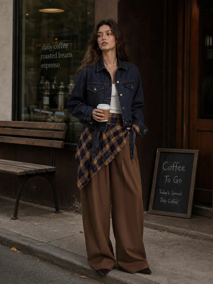 Pantalón De Pierna Ancha Con Estampado A Cuadros, Cintura Alta Y Bolsillos
