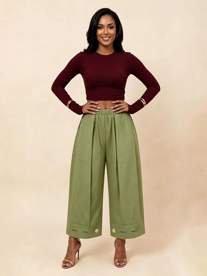 Pantalón De Pierna Ancha Con Bolsillos, Pliegues, Elástico Y Botones En Color Sólido