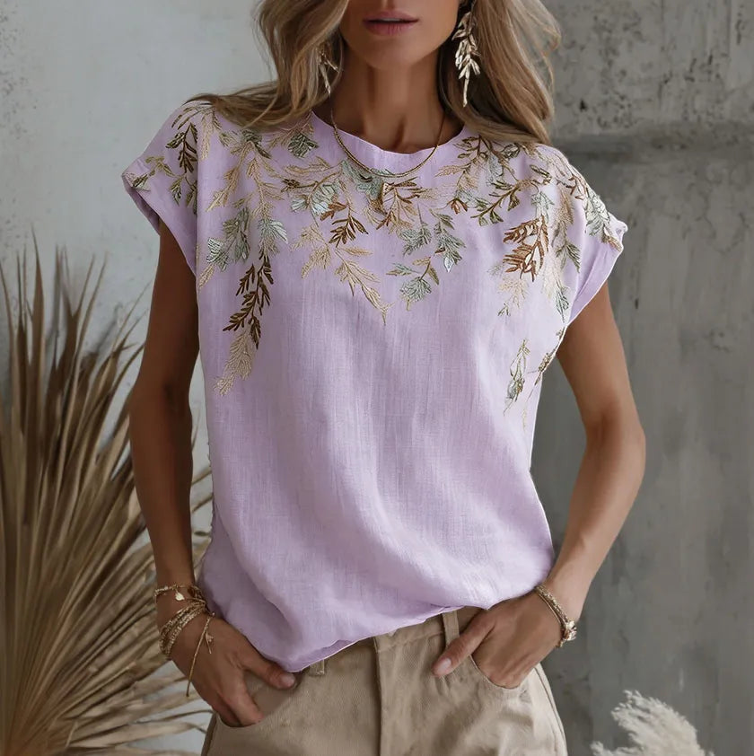 Camiseta de mezcla de lino con estampado floral rama artístico retro para mujer