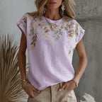 Camiseta de mezcla de lino con estampado floral rama artístico retro para mujer