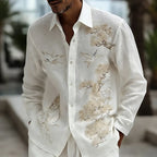 Camisa de lino retro con arte de pino y grulla
