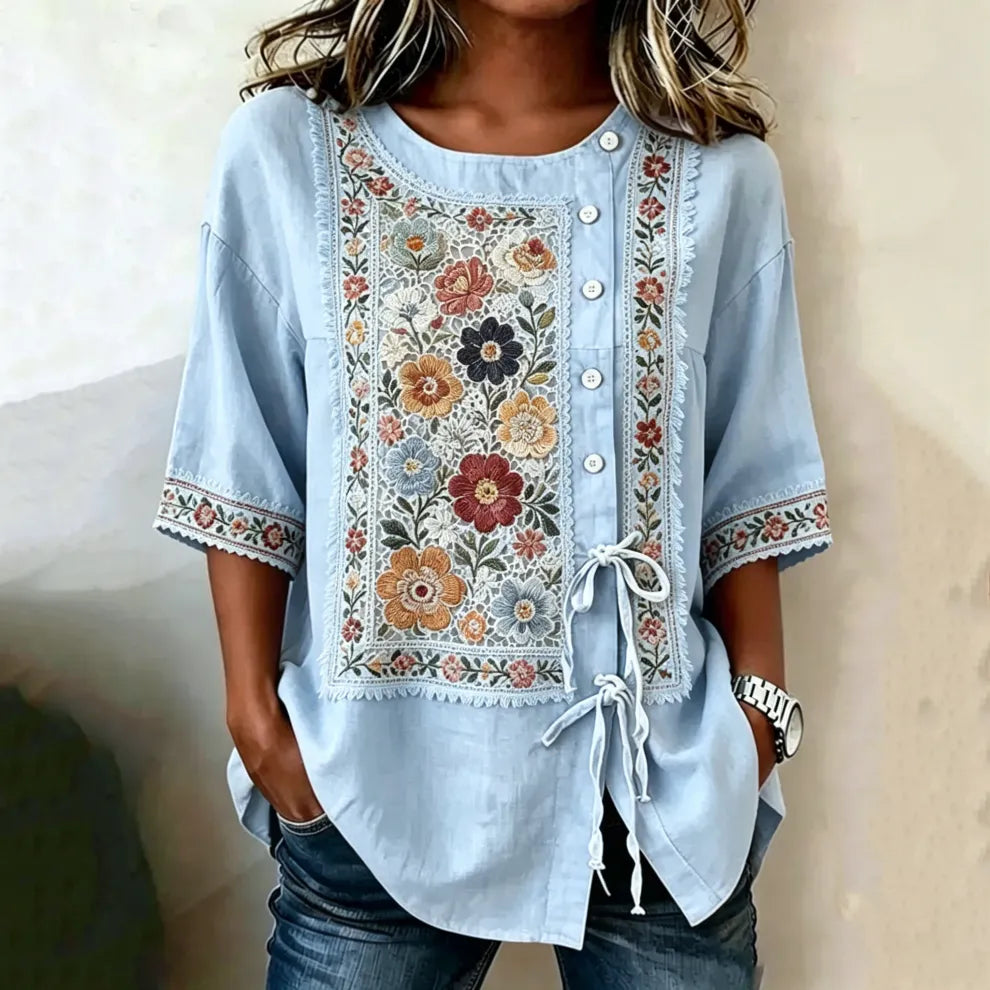 Top Boho Floral Retro Manga Curta