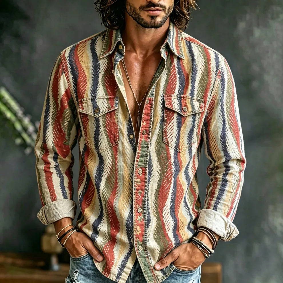 Camisa Hombre Hippie Retro Lino - Estampado Étnico Desgastado Manga Larga