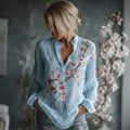 Camisa de lino de manga larga con bordado floral vintage para mujer