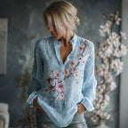 Camisa de lino de manga larga con bordado floral vintage para mujer