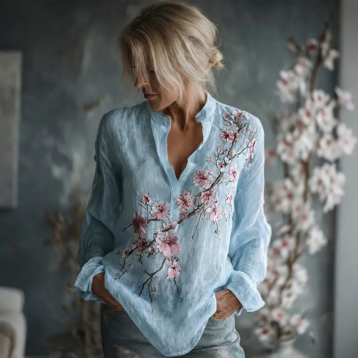 Camisa De Lino De Manga Larga Con Bordado Floral Vintage Para Mujer