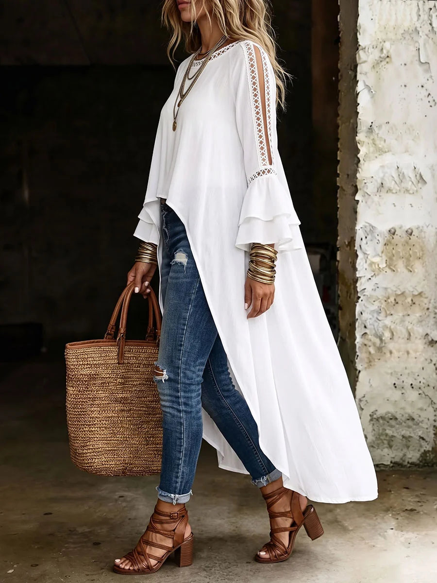 Blusa Color Sólido Manga Larga Con Volantes Calados Y Cuello Redondo