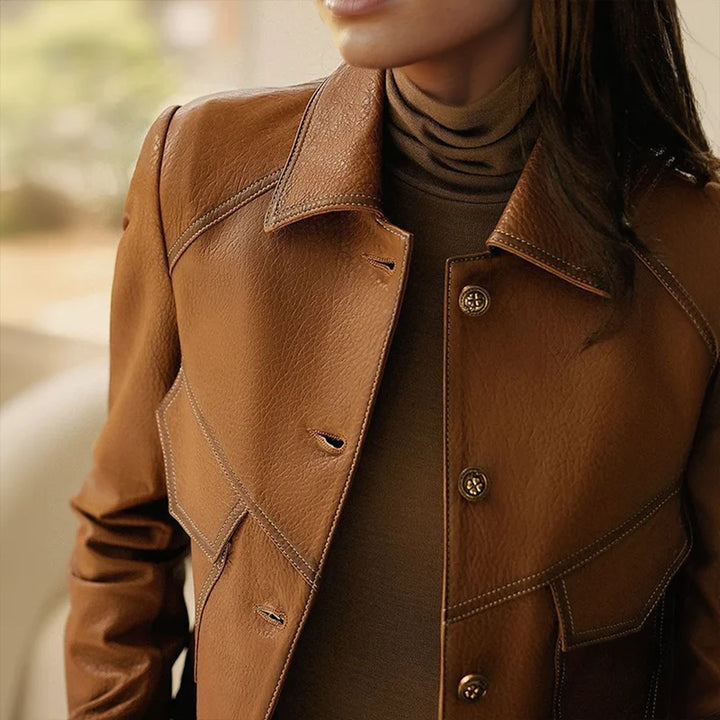 Anita - Elegant Women's Leather Jacket with Distinctive Collar and Pockets