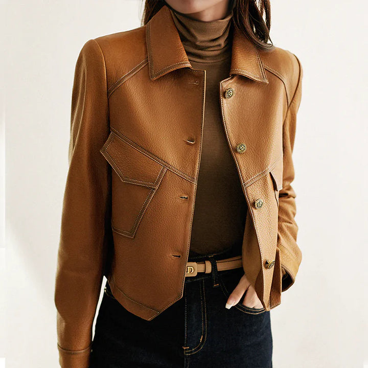 Anita - Elegant Women's Leather Jacket with Distinctive Collar and Pockets