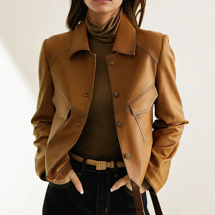 Anita - Elegant Women's Leather Jacket with Distinctive Collar and Pockets