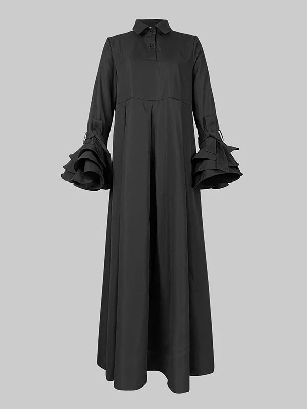 Vestido Maxi Camisero Plisado Manga Larga Con Solapa