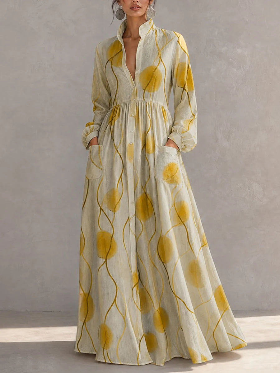 Vestido Maxi Largo Con Bolsillos, Botones En Color Contrastante Y Mangas Abullonadas