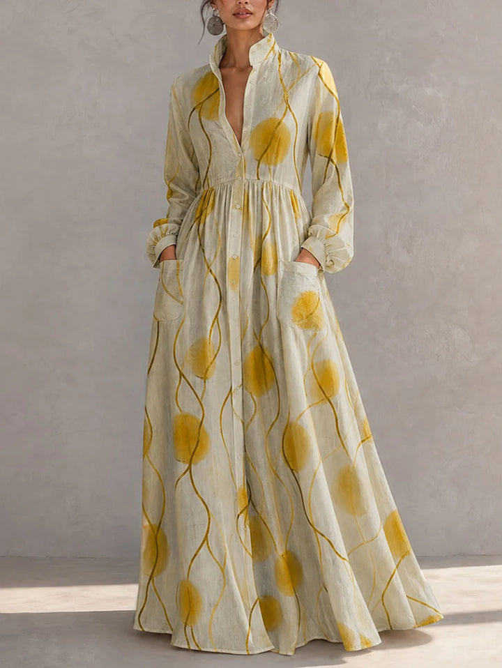 Vestido Maxi Largo Con Bolsillos, Botones En Color Contrastante Y Mangas Abullonadas