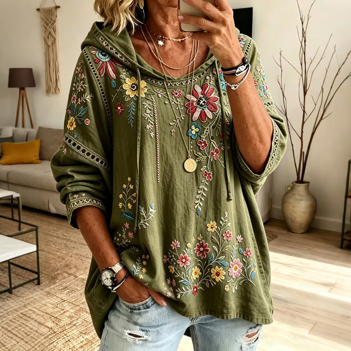 Blusa Femenina Con Capucha En Algodón Y Lino Con Estampado Floral Retro