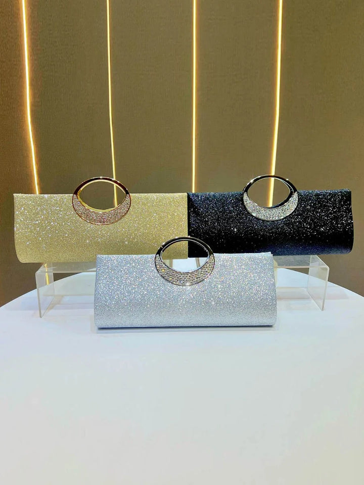 BOLSA DE NOITE COM LANTEJOULAS, STRASS E CORRENTE