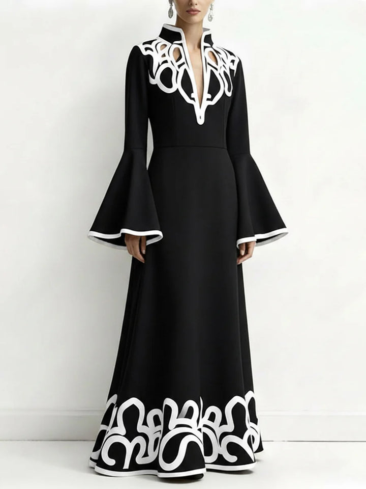 VESTIDO COMPRIDO GOLA ALTA EM A MANGA COMPRIDA ESTAMPADO ABSTRATO COR CONTRASTE