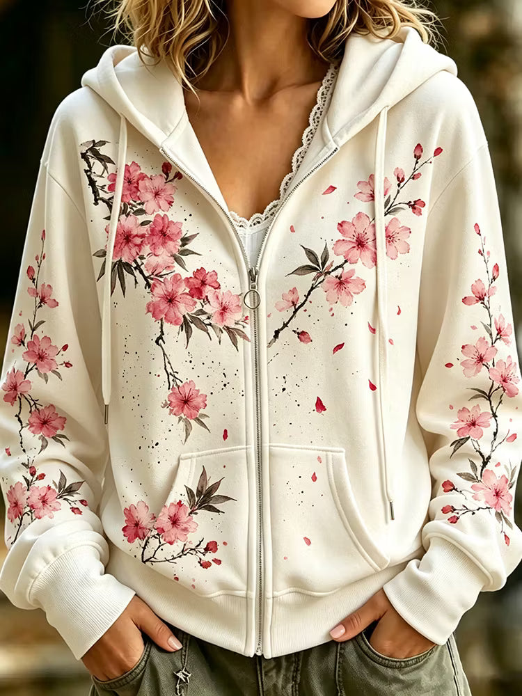 Sudadera Con Capucha Y Cremallera Vintage - Estampado Floral Art Manga Caída