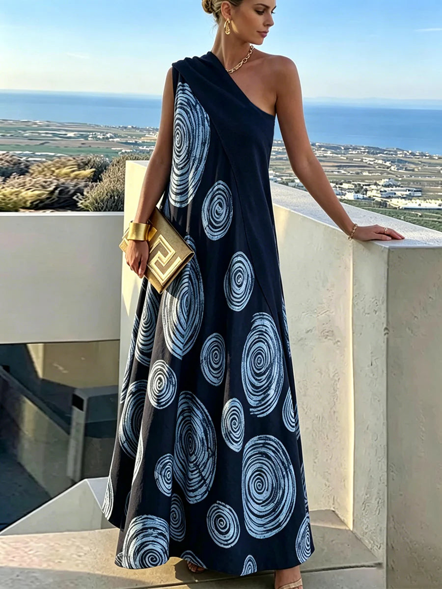 Vestido Maxi Holgado Corte En A Con Un Hombro, Plisado Y Color En Contraste