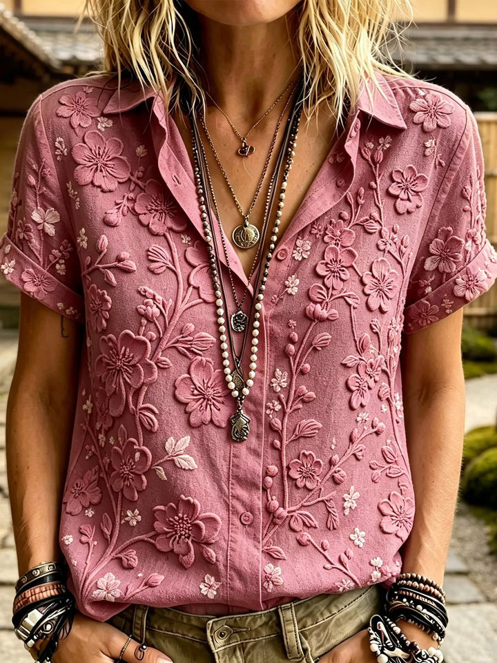 Camisa Femenina Retro Boho Japonesa Con Estampado Bordado De Flores De Cerezo En Algodón Y Lino, Manga Corta