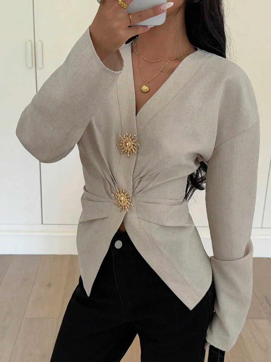 Blusa de Manga Comprida Franzida em Camadas com Gola em V